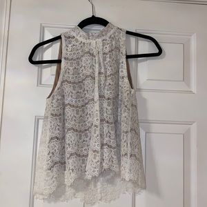 White Lace Sleeveless Funnel Neck Tank Top